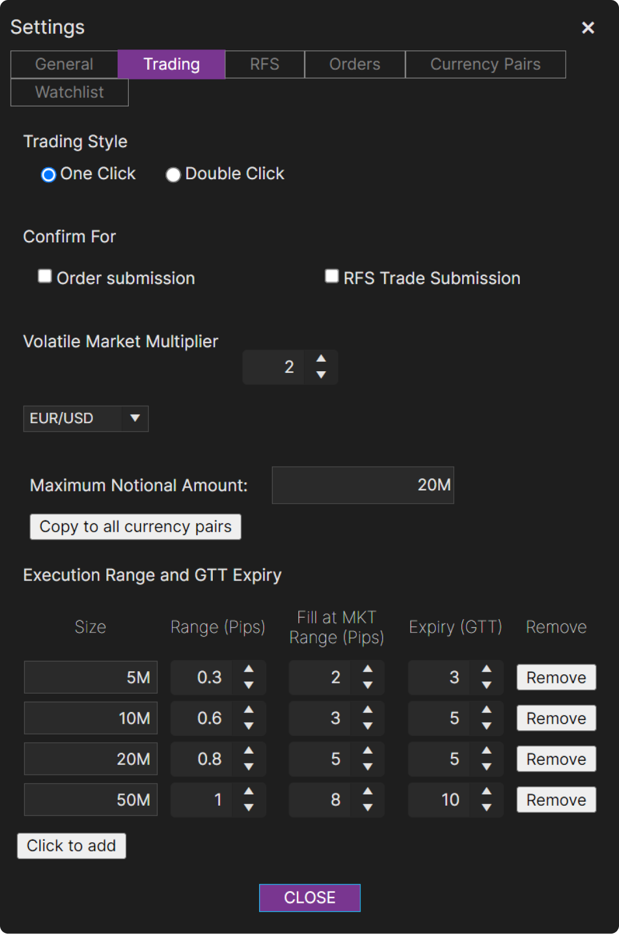 Neon Precious settings menu - trading settings