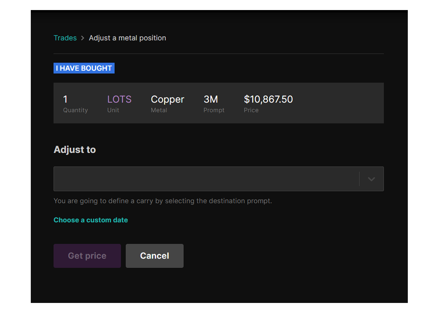 “Adjust selection” pop-up window with Get Price and Execute options