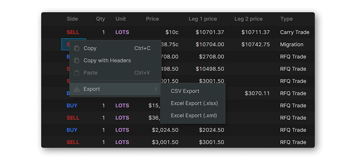 Transactions screen with export options expanded