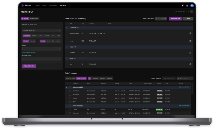 Multi RFQ Page displaying ticket with multiple RFQs (unsubmitted)