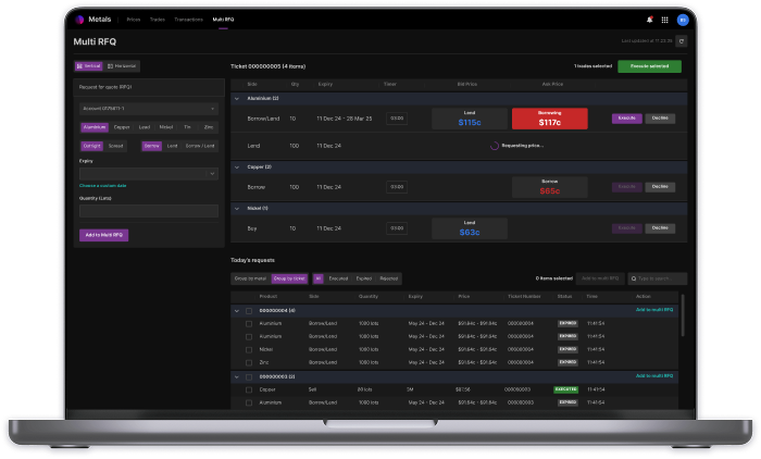 Multi RFQ Page displaying ticket returned with pricing, with prices selected and at least one submitted for execution/ declined